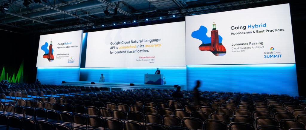 Google Cloud Summit Conference in Stockholm. Wide screen projection solution.