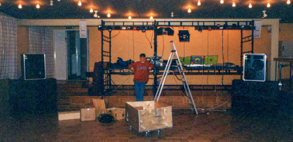 Friend Daniel poses with the disco rig in the room &quot;Paletten&quot;.