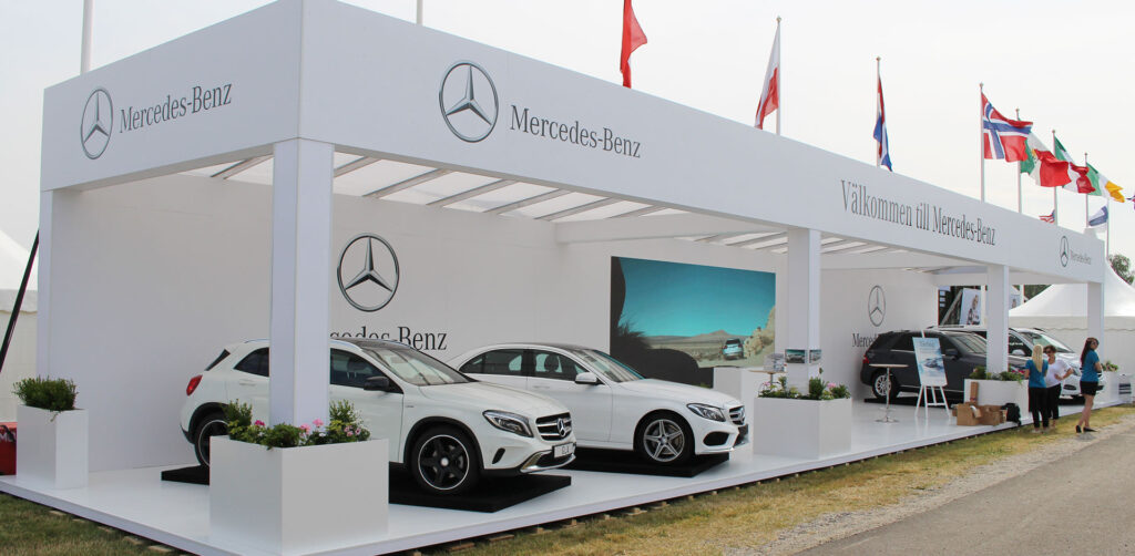 Mercedes cars are lined up in the Mercedes booth at the Falsterbo Horse Show. 