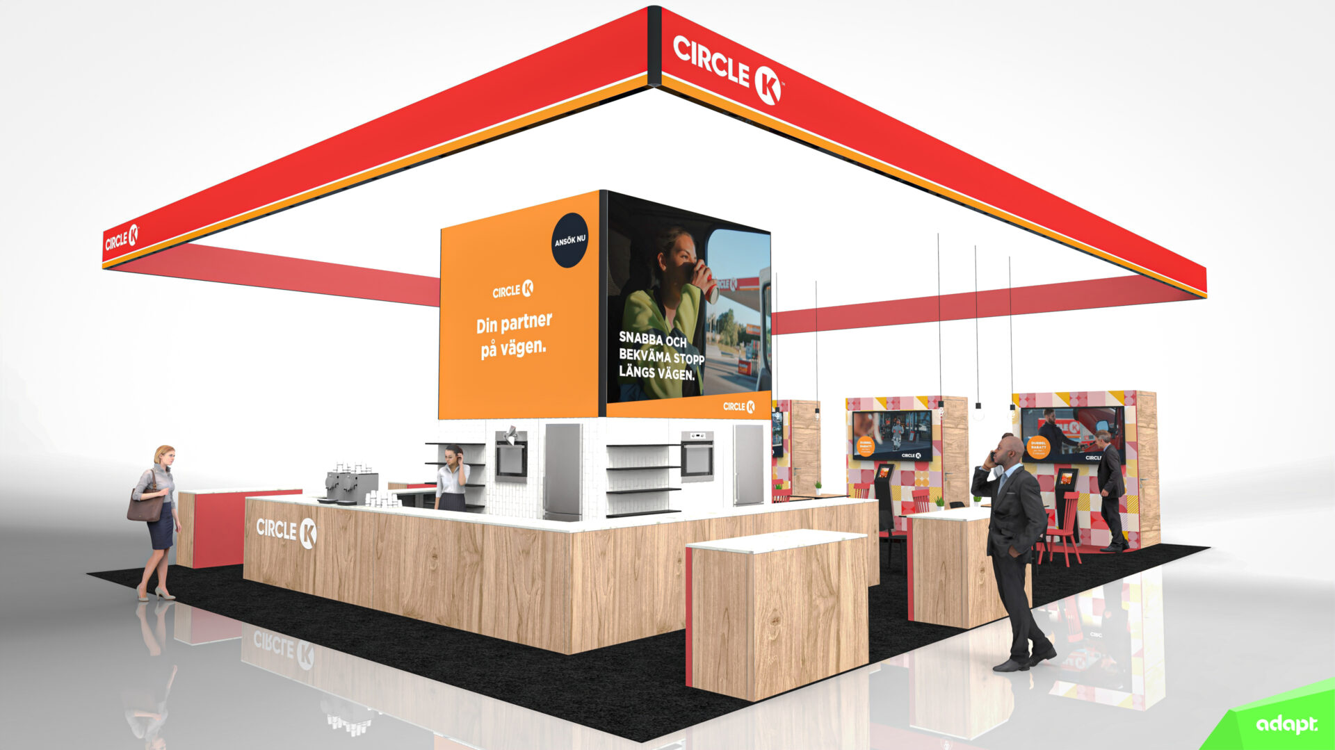 A modern Circle K trade show booth features wood paneling, product displays, digital screens, and bold red, orange, and black branding. People interact at counters and information stands. The booth is open and brightly lit.