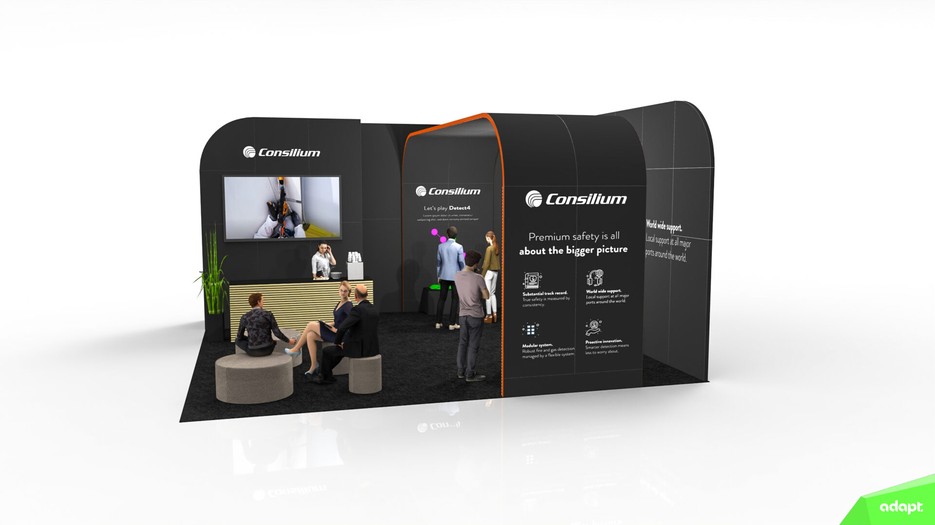A modern Consillium exhibition booth features a reception counter, a screen displaying a video call, seated visitors, and informational graphics about premium safety on black curved walls.