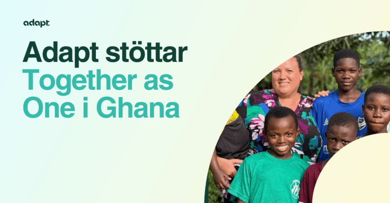 A group of smiling children and an adult stand outdoors in Ghana. To the left, large text reads: Adapt stöttar Together as One i Ghana on a light background.