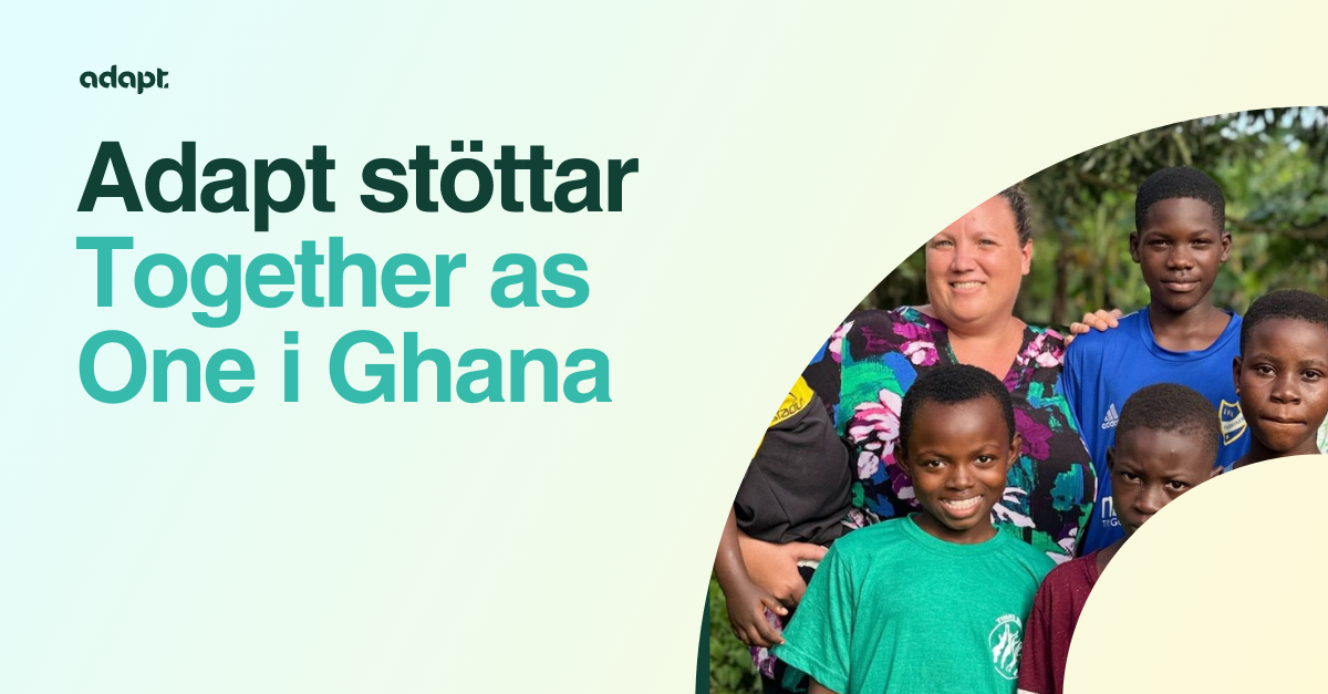 A group of smiling children and an adult stand outdoors in Ghana. To the left, large text reads: Adapt stöttar Together as One i Ghana on a light background.