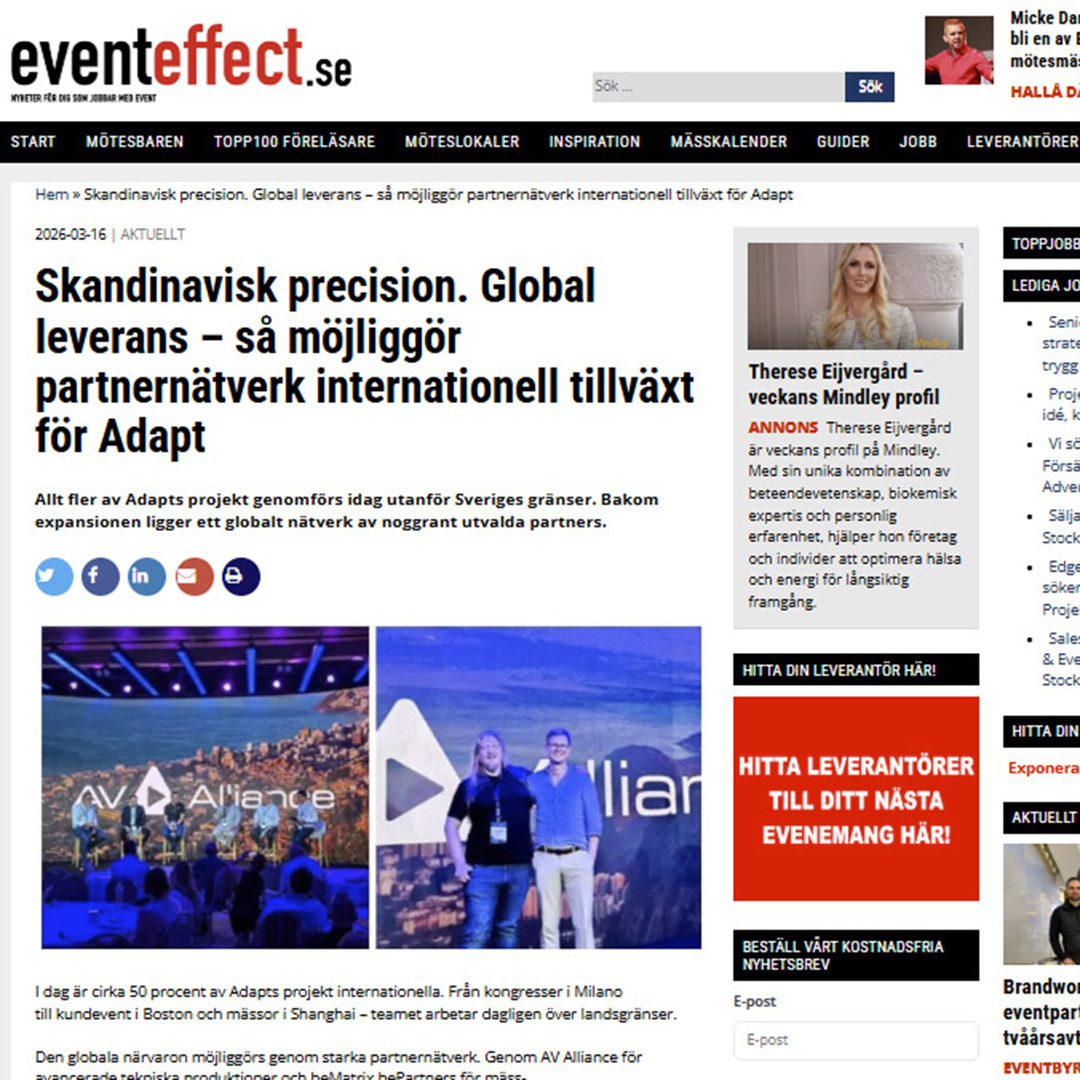 A Swedish news article from eventeffect.se about Adapt’s international growth features a headline, text, and an image of four people on stage in front of a screen displaying AV Alliance.
