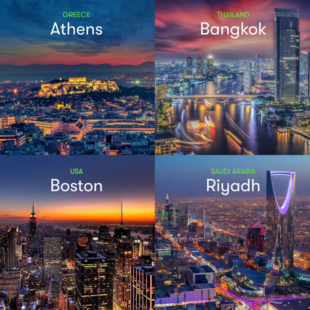A collage of four cityscapes at dusk: Athens, Greece with the Acropolis; Bangkok, Thailand with high-rise buildings and a river; Boston, USA with skyscrapers; Riyadh, Saudi Arabia with modern towers and city lights.
