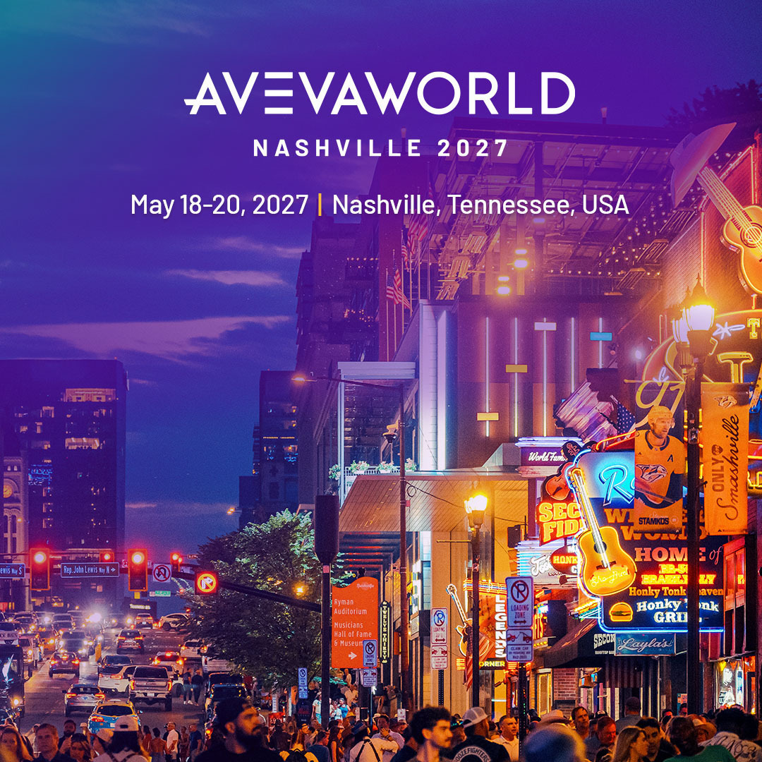 AVEVA World Nashville 2027 event graphic featuring a sunset view of a busy Nashville street with neon signs and crowds.