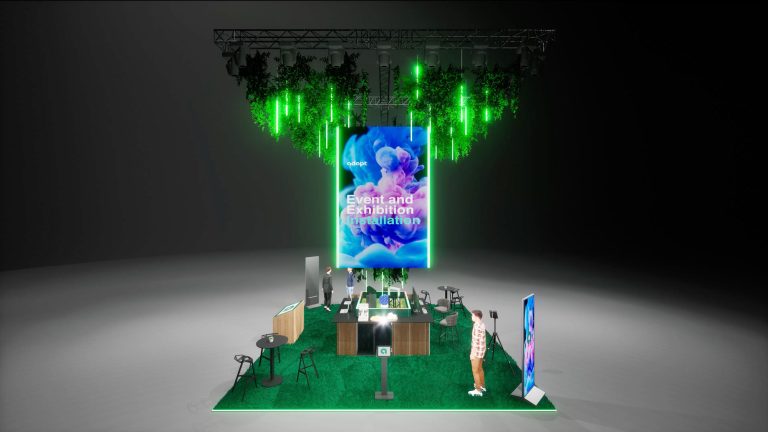 A modern exhibition booth with green lighting, digital screens displaying vibrant graphics, tables, chairs, and several people interacting in a futuristic environment.